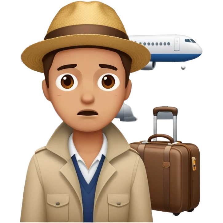 Delayed flight at airport with frustrated traveler emoji