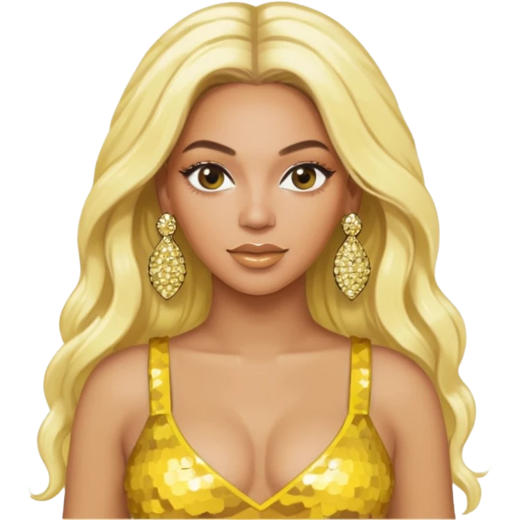 Beyonce with long platinum blonde hair, yellow sequin crop top, yellow earring emoji