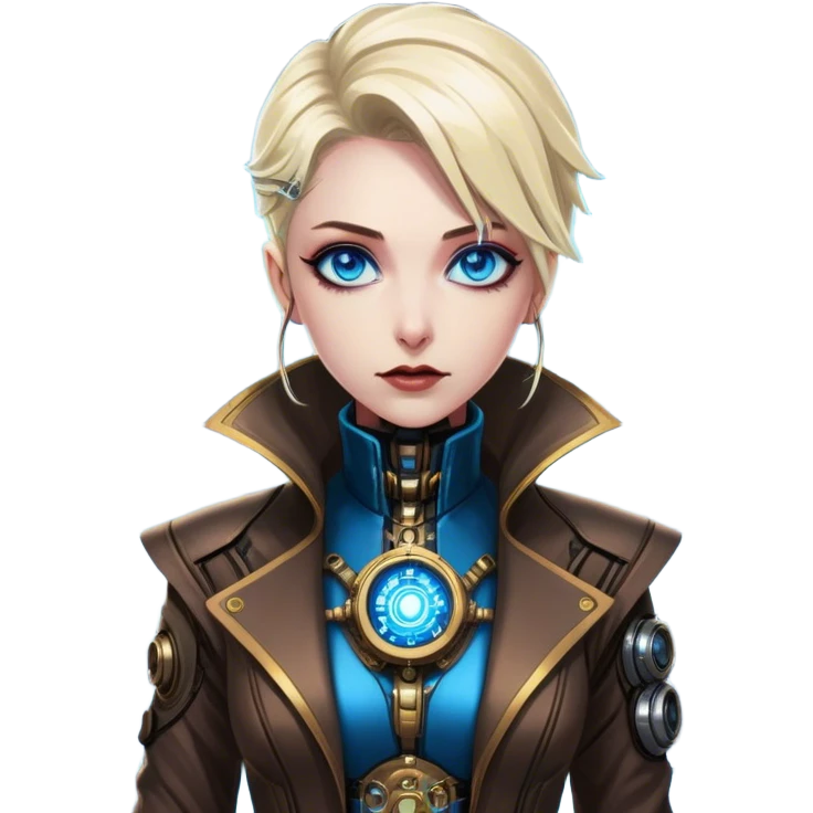 Dr. Nyx Oppen is a rogue quantum physicist turned cybernetic oracle. He exudes elegance, mystery, and futuristic sophistication, standing against the neon skyline of a cyberpunk city, with striking blue eyes and a refined, brass-accented steampunk outfit.  emoji