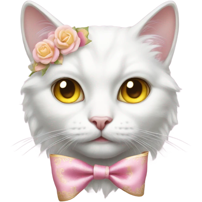 Realistic white cat with yellow eyes wearing pink rococo bow emoji