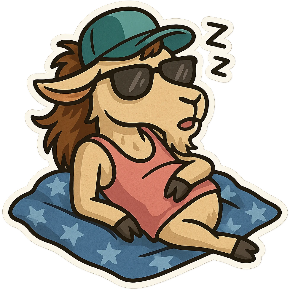 goat for Telegram stickers inspired by reference https://attic.sh/feoducyurkpqwz0la088soao98sx: wearing a cap, glasses, mullet hairstyle, pink drunkard tank top. спит на голубых тряпках с узором звездочка emoji