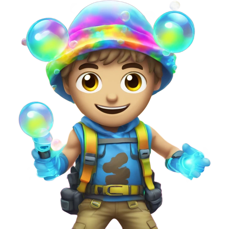 Caucasian boy at rave wearing a glowing outfit and glowing hat with bubble guns in each hand with bubbles all around emoji