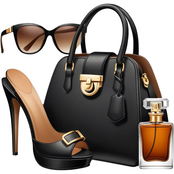 A photorealistic icon featuring stylish fashion accessories like high heels, a designer handbag, sunglasses, and a perfume bottle, arranged elegantly. Soft, luxurious colors with detailed textures and lighting that convey beauty and style. Transparent background, symbolizing fashion and beauty. emoji