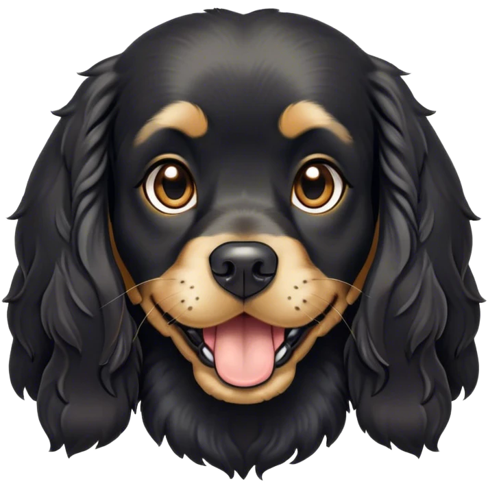 Cinematic Comical Black Cocker Spaniel Portrait Emoji, Head tilted dramatically with an exaggeratedly amused expression, featuring a shiny black coat with noticeable tan accents, wide, expressive dark eyes filled with playful disbelief, Simplified yet hilariously expressive features, highly detailed, glowing with a slightly sassy glow, high shine, dramatic yet playful, stylized with an air of cheeky mischief, bright and endearing, soft glowing outline, capturing the essence of a spirited and over-the-top companion, so meme-worthy it feels like it could side-eye its way into internet fame instantly! emoji