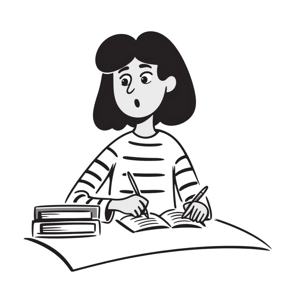 female student sitting at desk, taking notes, attentively listening to a lecture, focused expression emoji