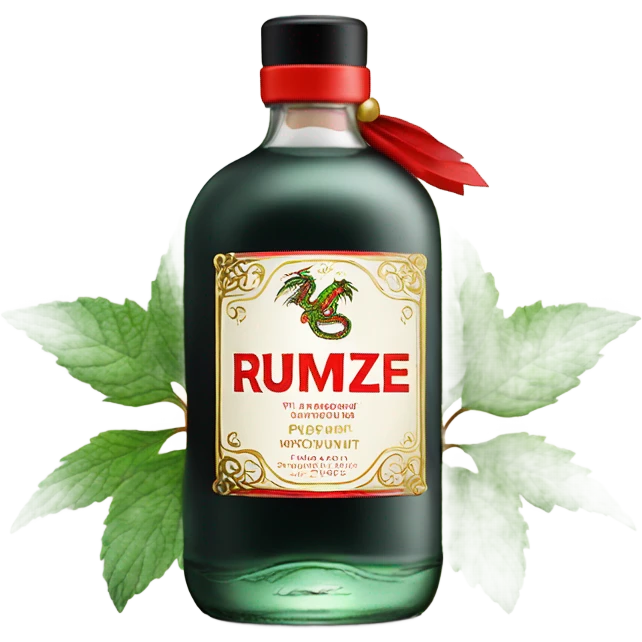 clear bottle of rumpleminze peppermint alcohol with a label that black with red border and font that has a small gold dragon on the label emoji
