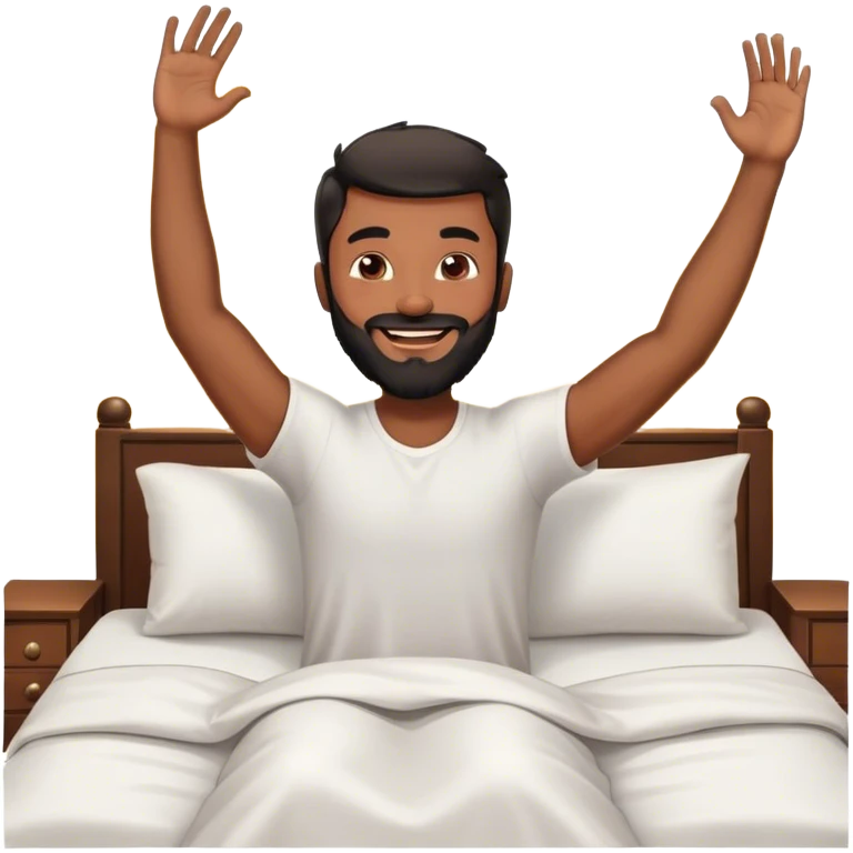 brown black beard happy man waking up out of bed stretching arms with sunshine in the back emoji