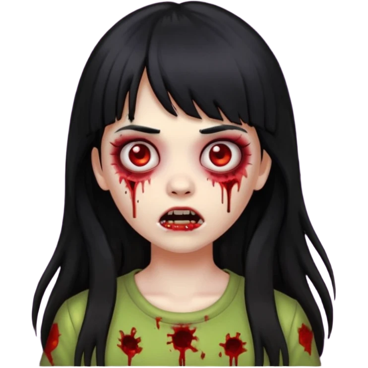 faça o emoji de uma menina zumbi de cabelos longos pretos com franja emoji