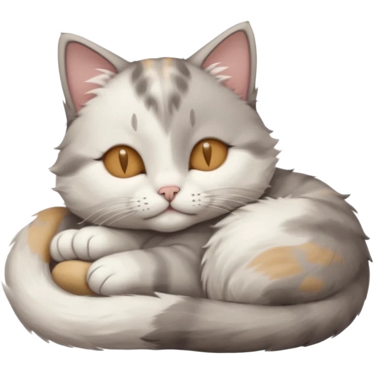 grey and white small cat with its eyes closed lying down with its paw curled and holding up his head emoji