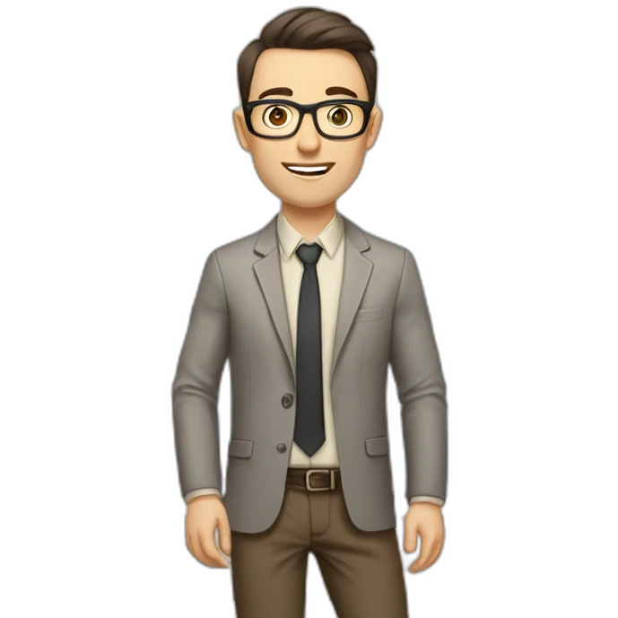 Pale skinned fit man with dark brown hair in gray jacket, beige office shirt, brown tie, brown pants and vintage glasses Writing on the marker board emoji