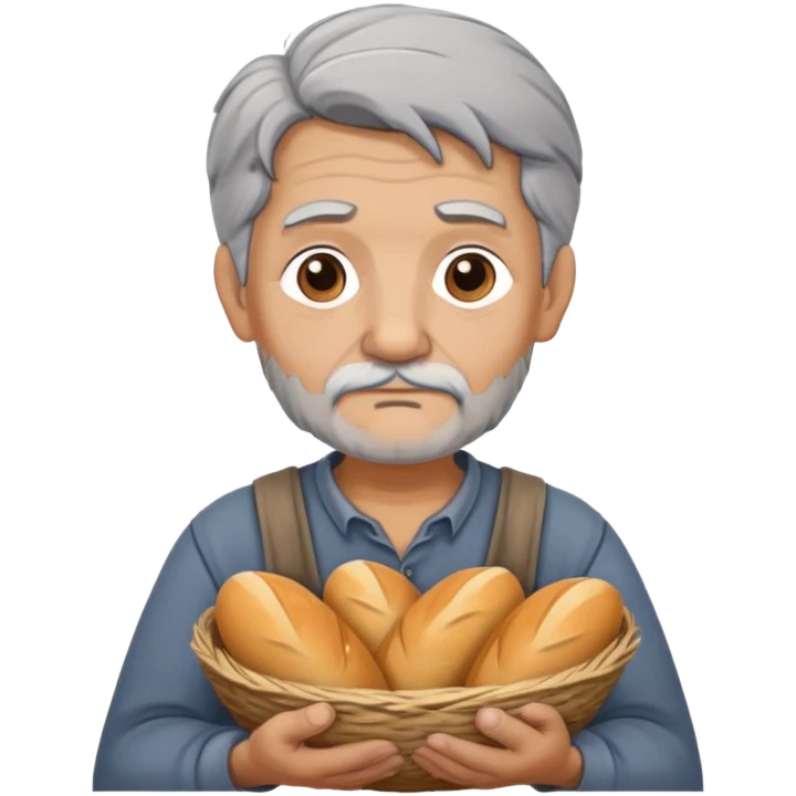 peasant in an old shirt photorealistic serious old face with bread in old hands emoji