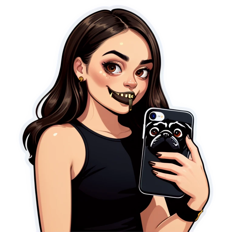 Beautiful young girl with choppy long dark brown hair flows over her her septum piercing is gold and shines as she holds her black phone and her large pug with an underbite layed beside her emoji