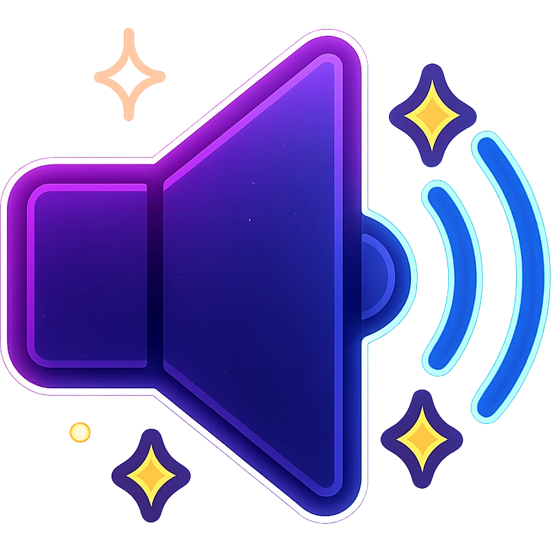 animated volume icon with dark purple, blue, and black base, bright accents, complex gradients, stars, bright neon border, elegant futuristic speaker symbol, subtle glowing and moving stars neon effects, sophisticated futuristic style emoji