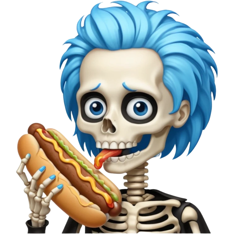 skeleton funky hair eating hot dog emoji