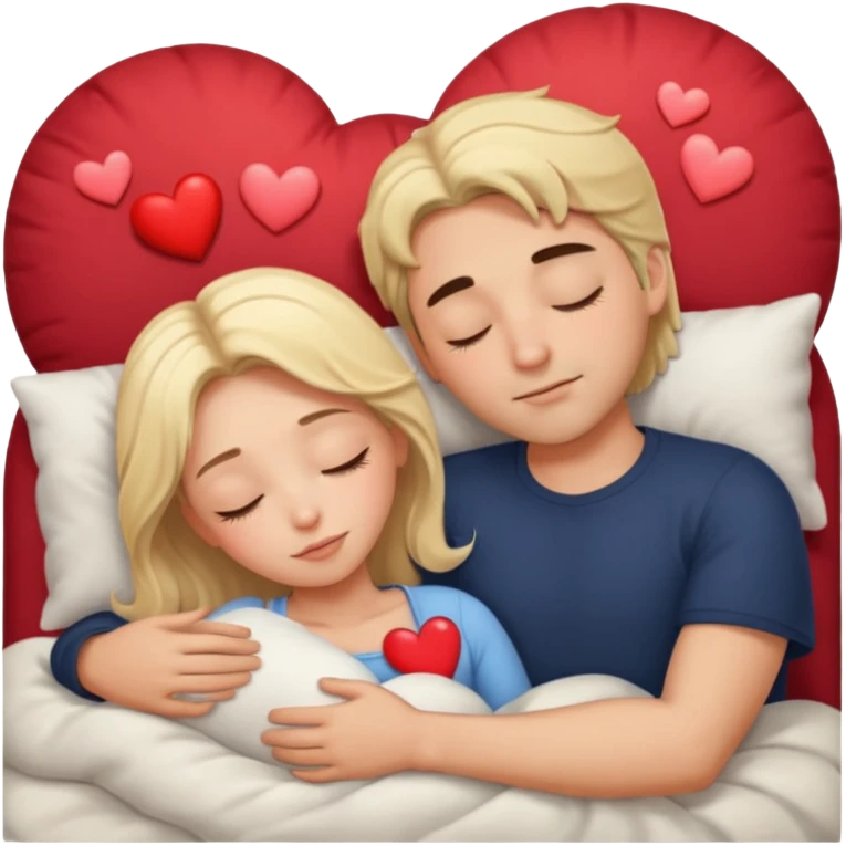 Sleeping romance couple. man has dark hair. woman is blonde. hearts around them. no third person. emoji