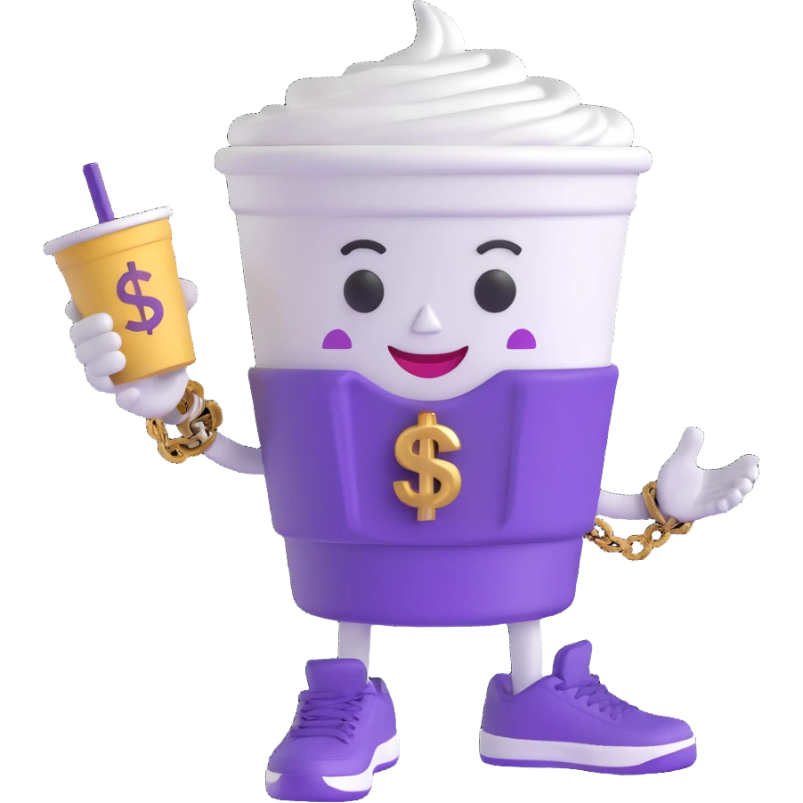 Edit the 3D cartoon character of a white Styrofoam cup with a friendly face, arms, gold chain with dollar sign, and purple Jordan sneakers. Change the swirl portion at the top of the cup to purple while keeping the rest of the character the same. No background. emoji