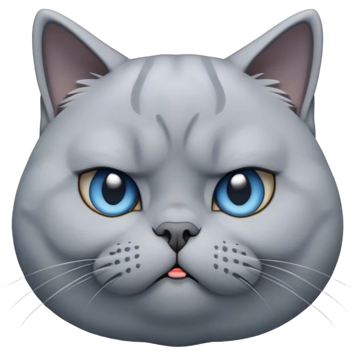 Cinematic Comical Grey British Shorthair Cat Portrait Emoji, Head tilted with a scrunched, grumpy expression, sleek soft grey fur with subtle blue undertones, Simplified yet sharp features, highly detailed, glowing with a slightly sarcastic glow, high shine, poised but with a comically displeased demeanor, stylized with an air of playful disdain, focused yet unimpressed, soft glowing outline, capturing the essence of a grumpy yet endearing kitty, so lifelike it feels like it could give you an exaggerated sigh and a disapproving stare at any moment! emoji