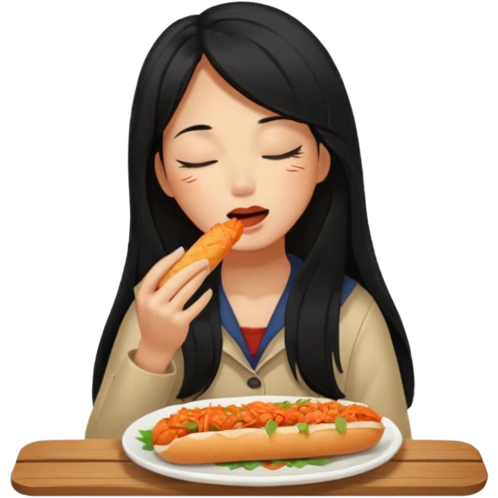 Girl black long hair eat kimchi close eyes baguette emoji