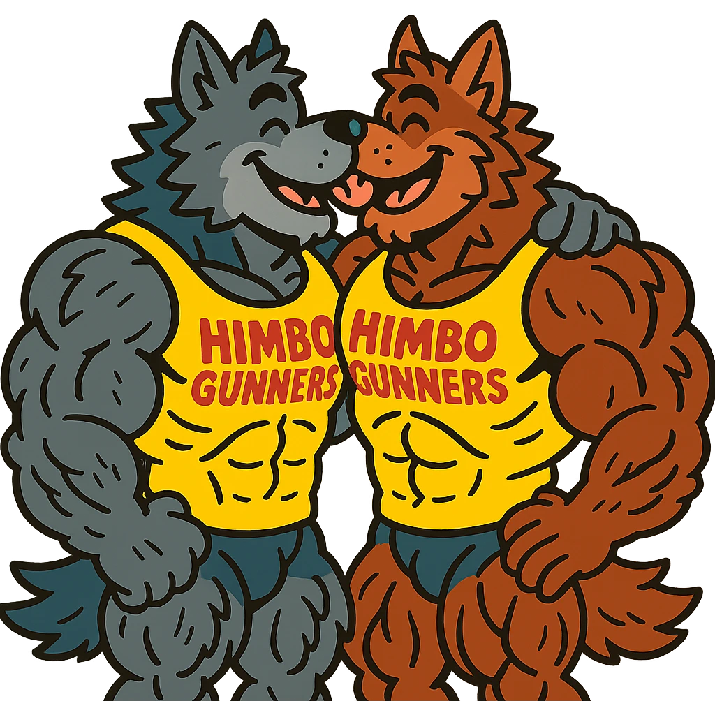 two hyper-muscular wolf furry characters in 'Himbo gunners' t-shirts, kissing, big smiles, playful and affectionate, oversized and detailed muscles, intricate fur, ultra high quality emoji