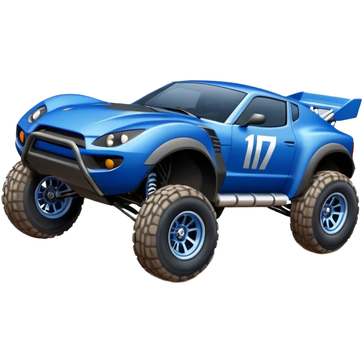 Satan’s Dirty Midnight-blue Local Motors Rally Fighter off road race car flying jumping over a dirt ramp (silver wheels) emoji