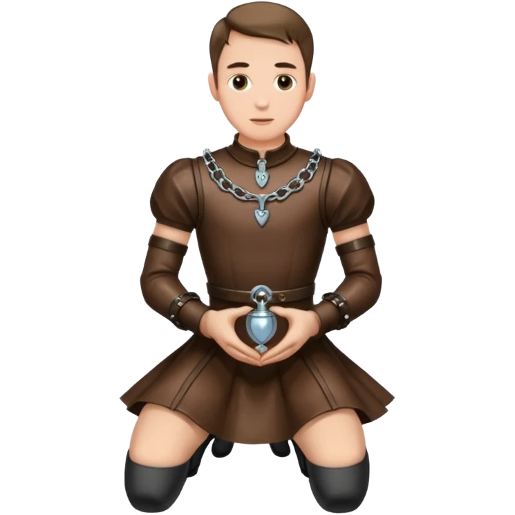 Submissive man on knees wearing female clothes and chastity emoji