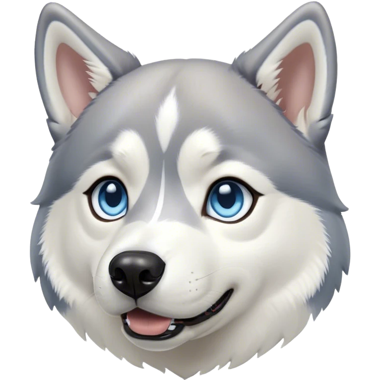 Cinematic Cute Siberian Husky Portrait Emoji, Head tilted playfully and inquisitively, featuring a lush grey and white coat with striking accents, round, sparkling icy blue eyes filled with curiosity, Simplified yet irresistibly adorable features, highly detailed, glowing with a crisp, friendly glow, high shine, affectionate and lively, stylized with a touch of whimsy, bright and endearing, soft glowing outline, capturing the essence of a mischievous yet loving pup, so playful it feels like it could dash out of the screen and into your arms! emoji