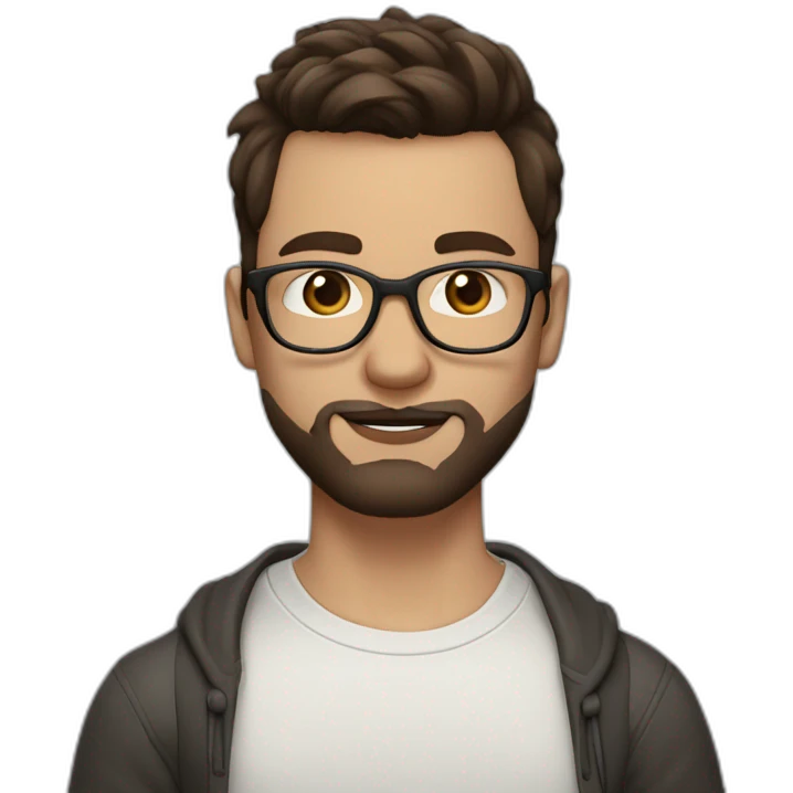 guy with clear glasses and earring in left ear, dark eyes, short brown hair with a fringe, large lips, pale skin and beard emoji