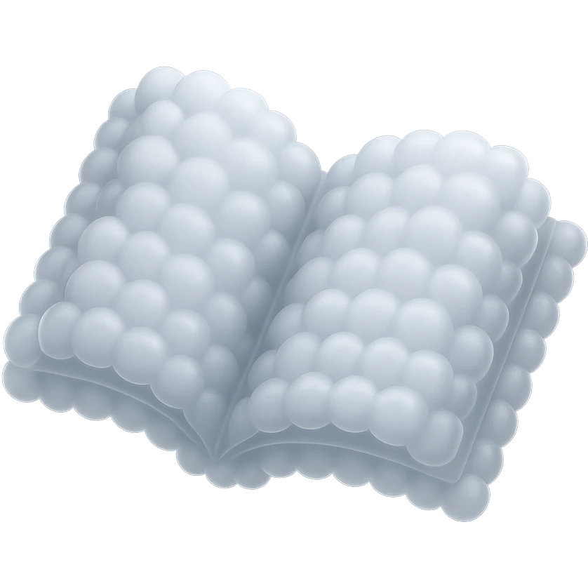 thick open book made entirely of small, very bright white fluffy convex clouds, matte glass style emoji