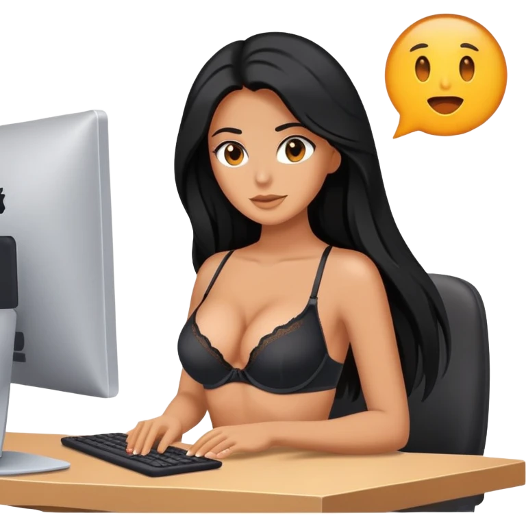in front of the computer, camera filming, black long hair tanned woman, bra  emoji