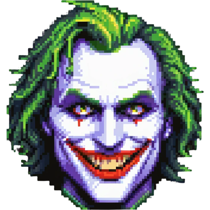 Joker face close-up with exaggerated smile, pixel art style emoji