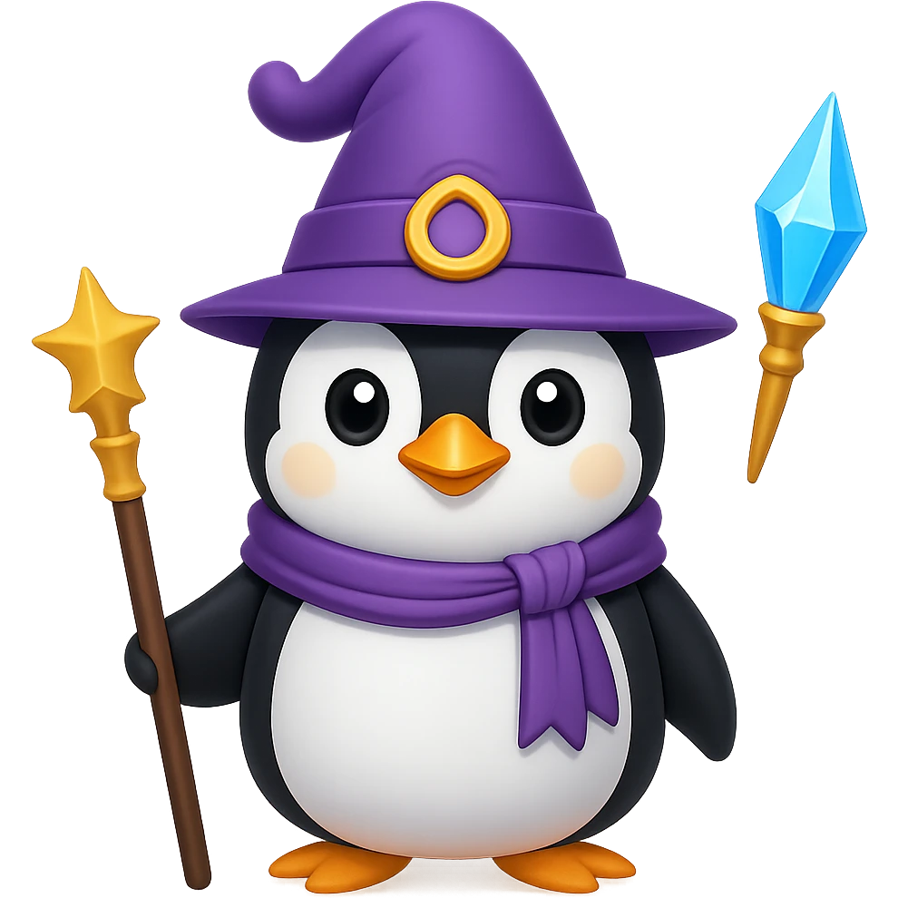 A penguin wizard with a different, unique wizard hat in the style of emoji (apple style emojis). emoji