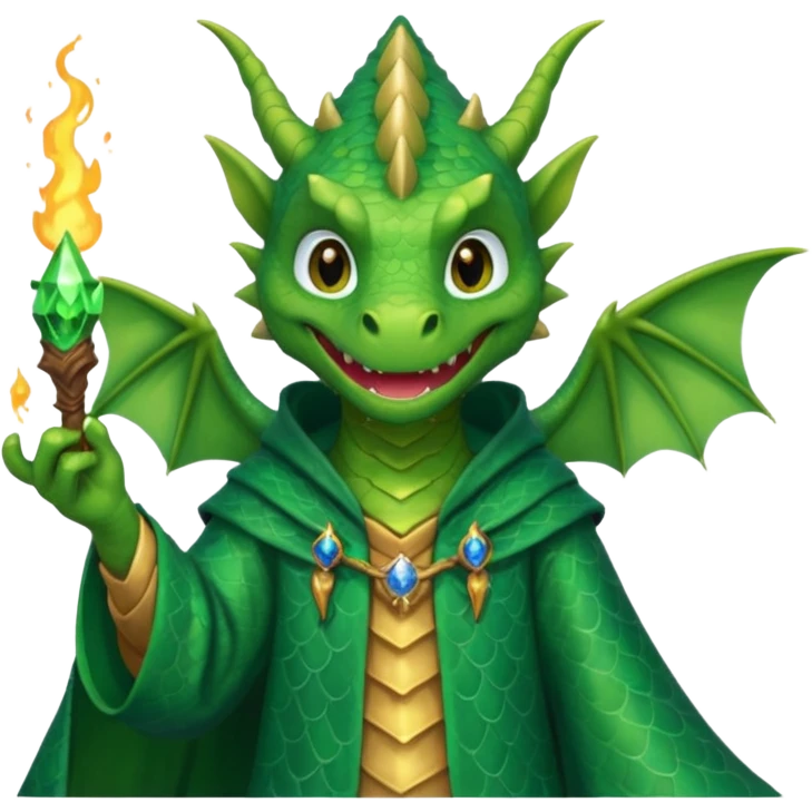 A dragon wearing wizard robes, casting a spell with a curious grin, portrait, bust up emoji