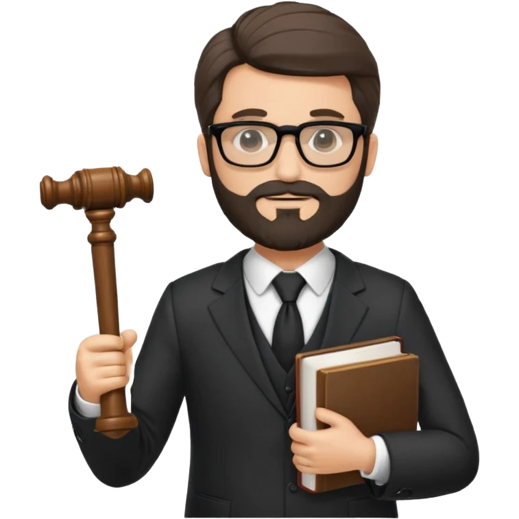 Create a male lawyer. he is wearing a fromal suit jckeret. He is holding a gavel in one hand and a book tucked under his another arm. He has beard and glasses without the glass lol. And the hair is kinda darker but not black emoji