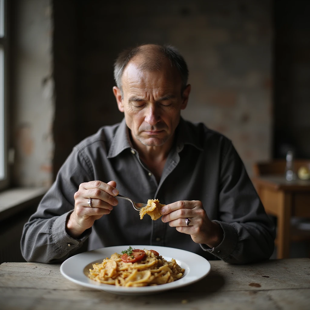 uomo di circa 20 anni, triste, che mangia un piatto di pasta, espressione triste, iperrealismo 4K, variazione 8 emoji