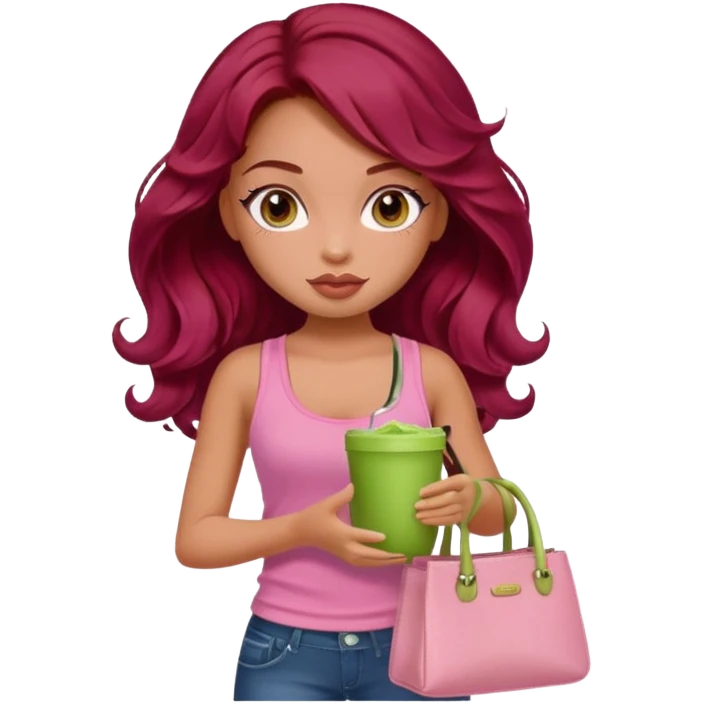 a pretty fair bratz girl with wavy dark red hair, wearing a pink tank top , carrying a matcha and a pink bag emoji