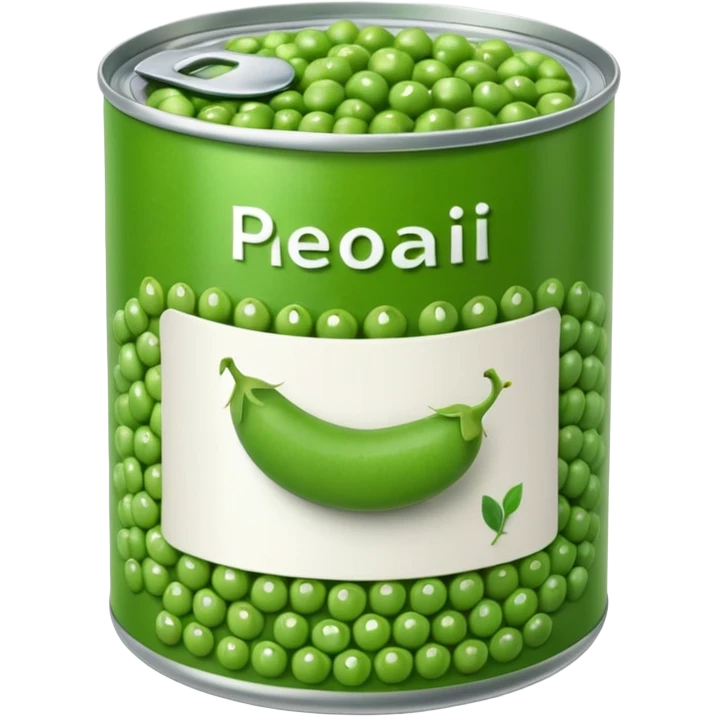 metal can neutral label with green peas, open at top filled with glossy moist plump green peas, no spoon plate or branding, apple emoji style, soft lighting, transparent background, emoji scale emoji