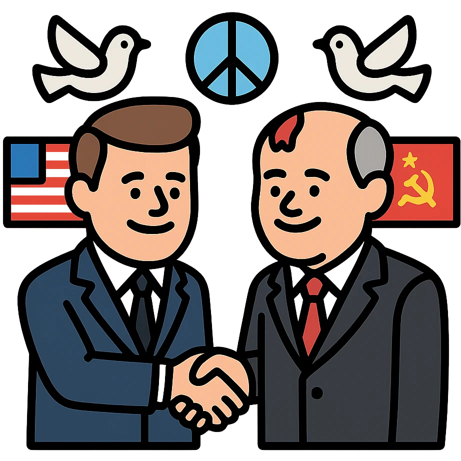 John F. Kennedy and Mikhail Gorbachev side by side, smiling, shaking hands, small peace symbol and doves, US and USSR flags as accents, friendly diplomatic atmosphere emoji