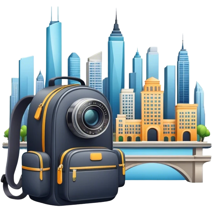 Icon for Urban Tourism: city skyline with iconic buildings, a camera and a backpack. The icon should represent the exploration of urban destinations, with elements like streets, landmarks, and vibrant city life. Transparent background. emoji