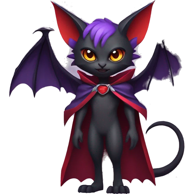  Black Red Purple Kawaii Edgy Cool Vampiric Demonic Beautiful Noivern-Nargacuga-Litten with big Bat Ears and wearing a cape and collar full body emoji