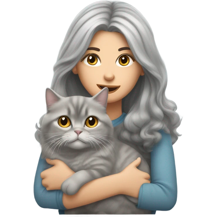 blow out haired woman snuggling grey tabby persian cat emoji