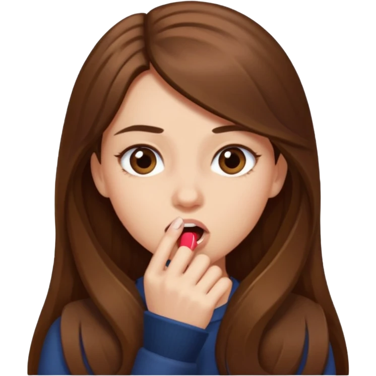 emoji de una chica con cabello largo y castaño, mordiéndose la uña emoji