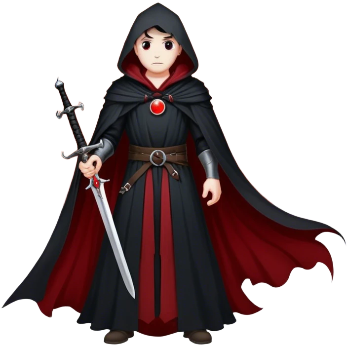 A lone swordsman in a flowing black cloak, standing under a blood-red moon emoji