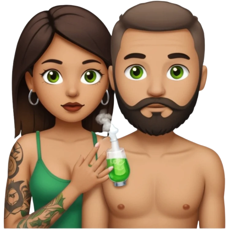 Brown eyed Latina woman with pierced nipples, small breasts and tattoos giving a blowjob to a white man with green eyes and a beard  emoji