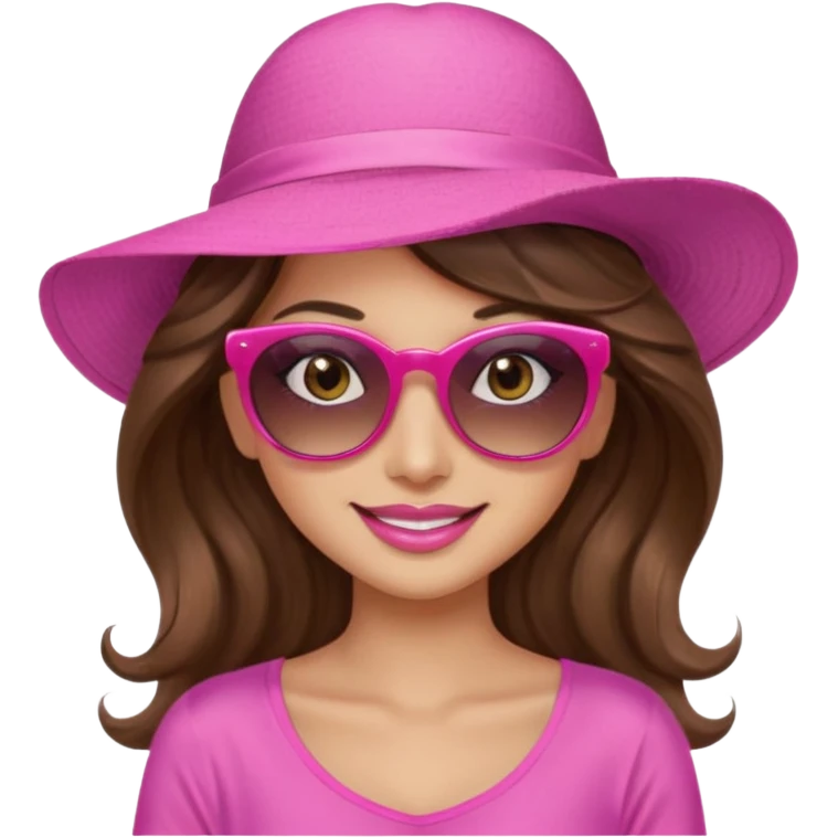 girl with long wavy brown hair, brown eyes, long lashes makeup, sexy pink lips, smiling, light to medium complexion, wearing a pink sexy silk top, relaxing in a beach chair  emoji