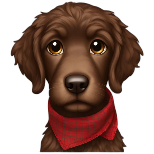 Chocolate brown colored doodle with a red and black flannel hankerchief emoji