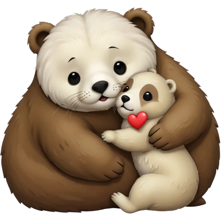 small white seal kissing a big brown bear emoji