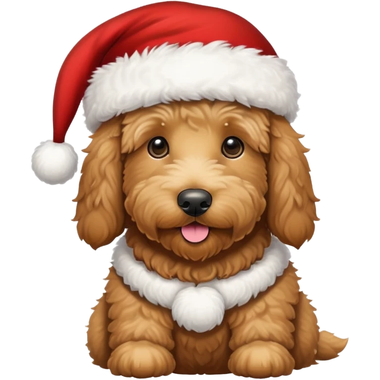 Tan golden doodle wearing a Santa hat emoji