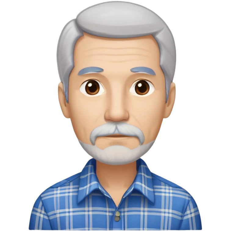 Thin older Hispanic man with light complexion. Elongated slim face with wise expression. Relaxed brown eyes. Long straight fine gray-white hair that covers the ears with soft fringe in front. White mustache connected to chin beard. Lean physique. Wearing a beige and blue plaid long-sleeved shirt. emoji