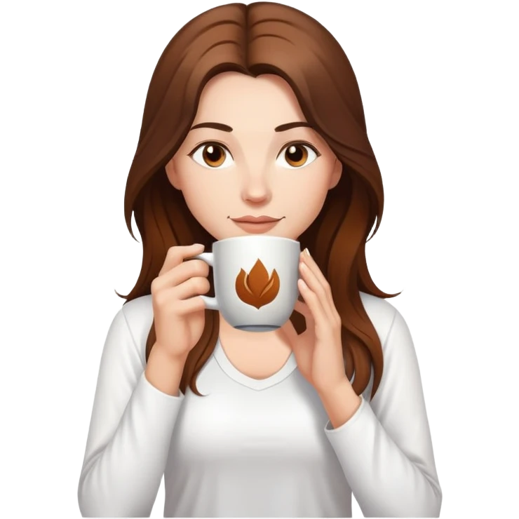 Yoga Woman white shirt long brown hair drinks coffee emoji