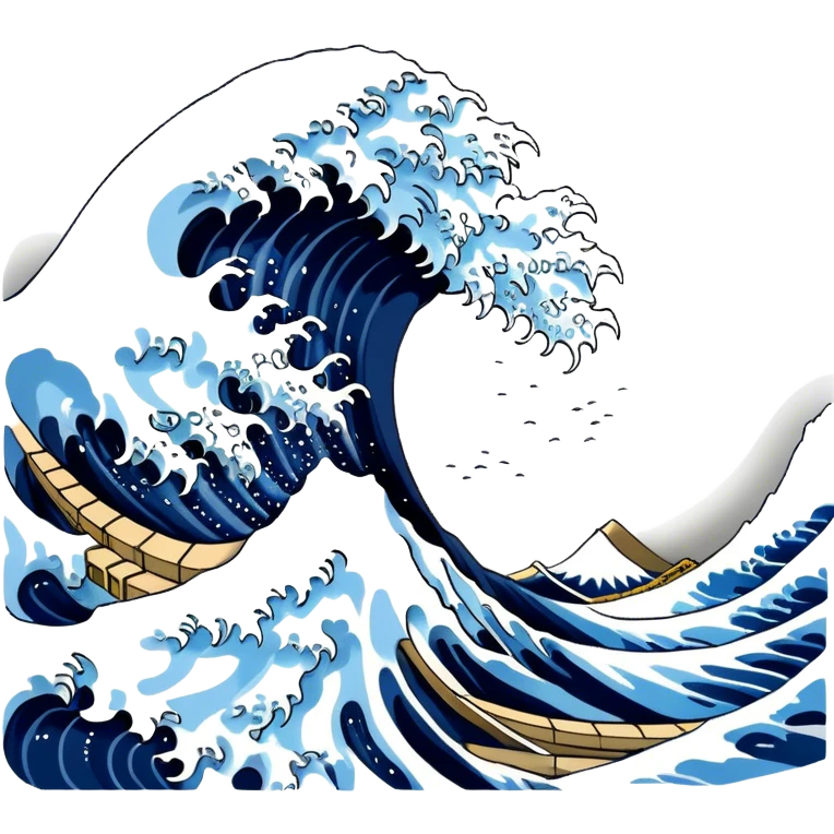 Cinematic Realistic Great Wave off Kanagawa, depicted as a colossal, crashing wave with dynamic blue hues and frothy white crests, rendered with intricate textures and fluid motion that captures both the timeless power and poetic beauty of the iconic Japanese artwork emoji